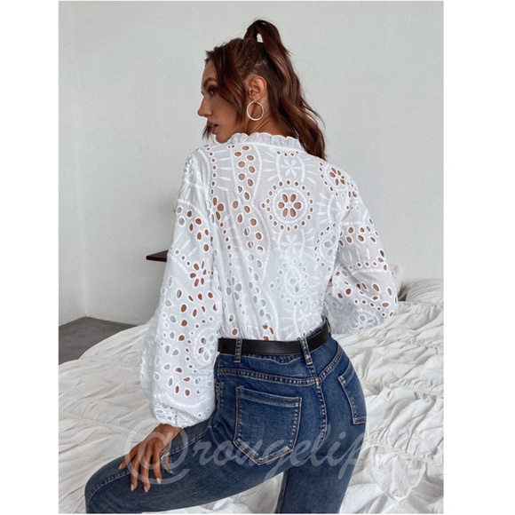 White Boho Eyelet Button Down Shirt - Picture 2 of 8